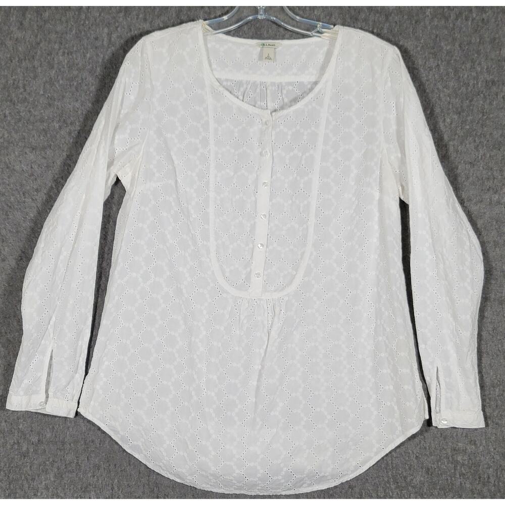 L.L. Bean‎ White Eyelet Tunic Top Long Sleeve Bib Front Women’s Size Small